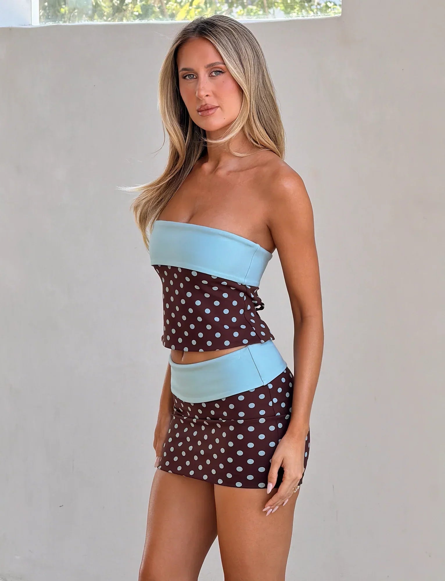 IMOGEN TUBE TOP BROWN AND BLUE POLKA DOT