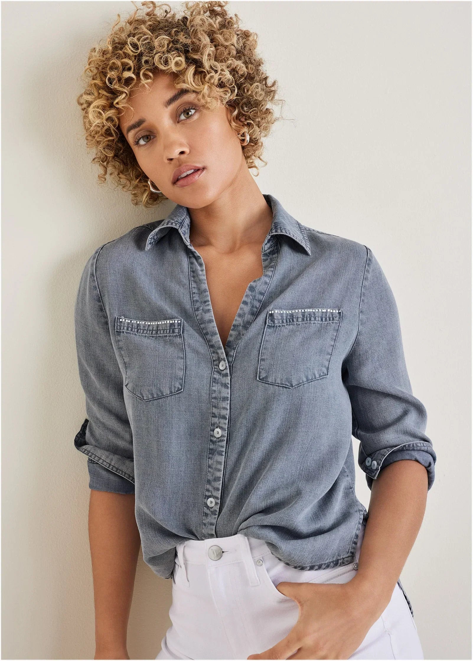 Chambray Button Down Top Medium Wash