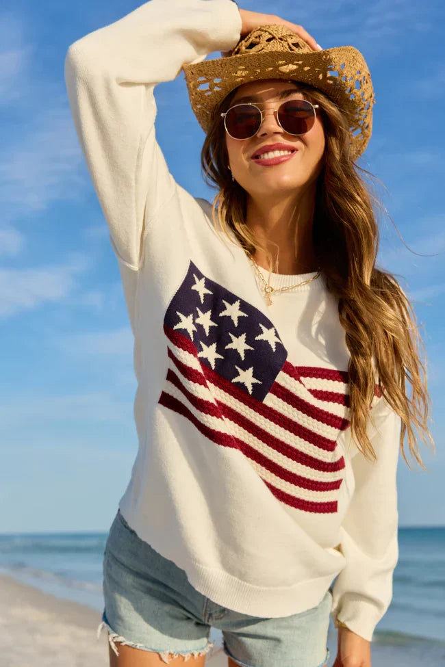 Home Of The Free Ivory Textured Flag Sweater