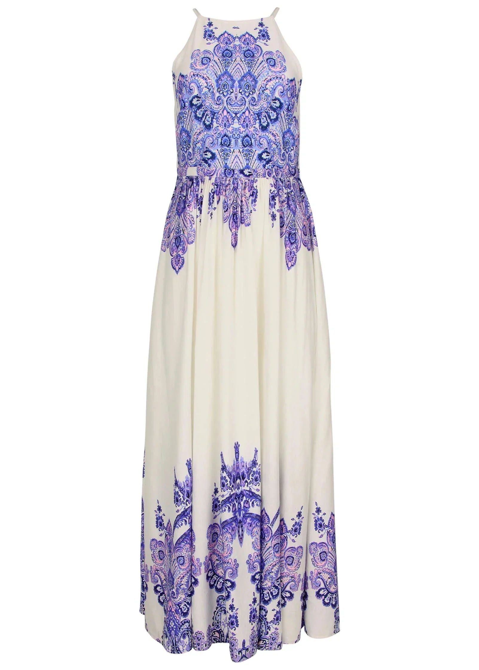 Printed Linen Maxi Dress Purple Paisley Border