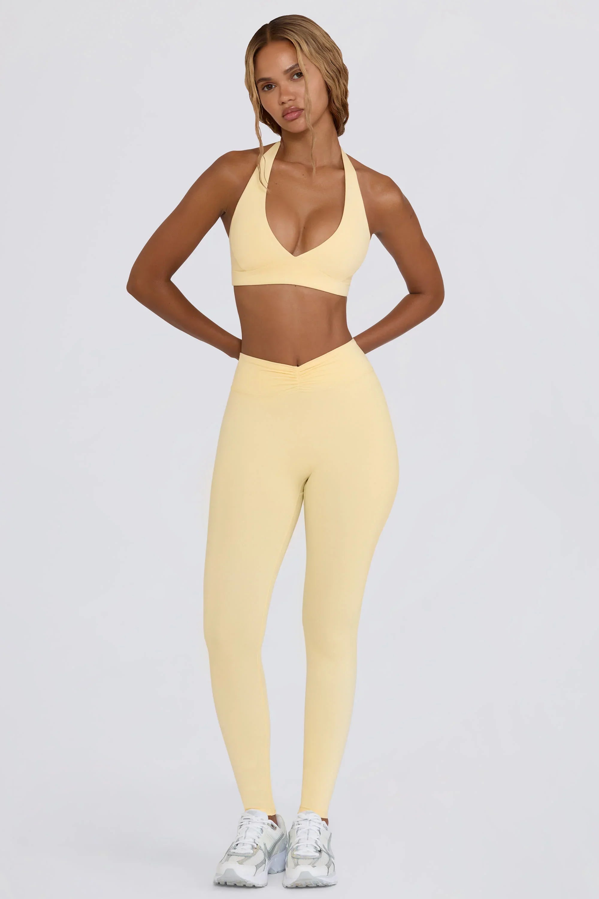 Brushed Jersey Ruched Mid Rise Leggings in Lemon Marl