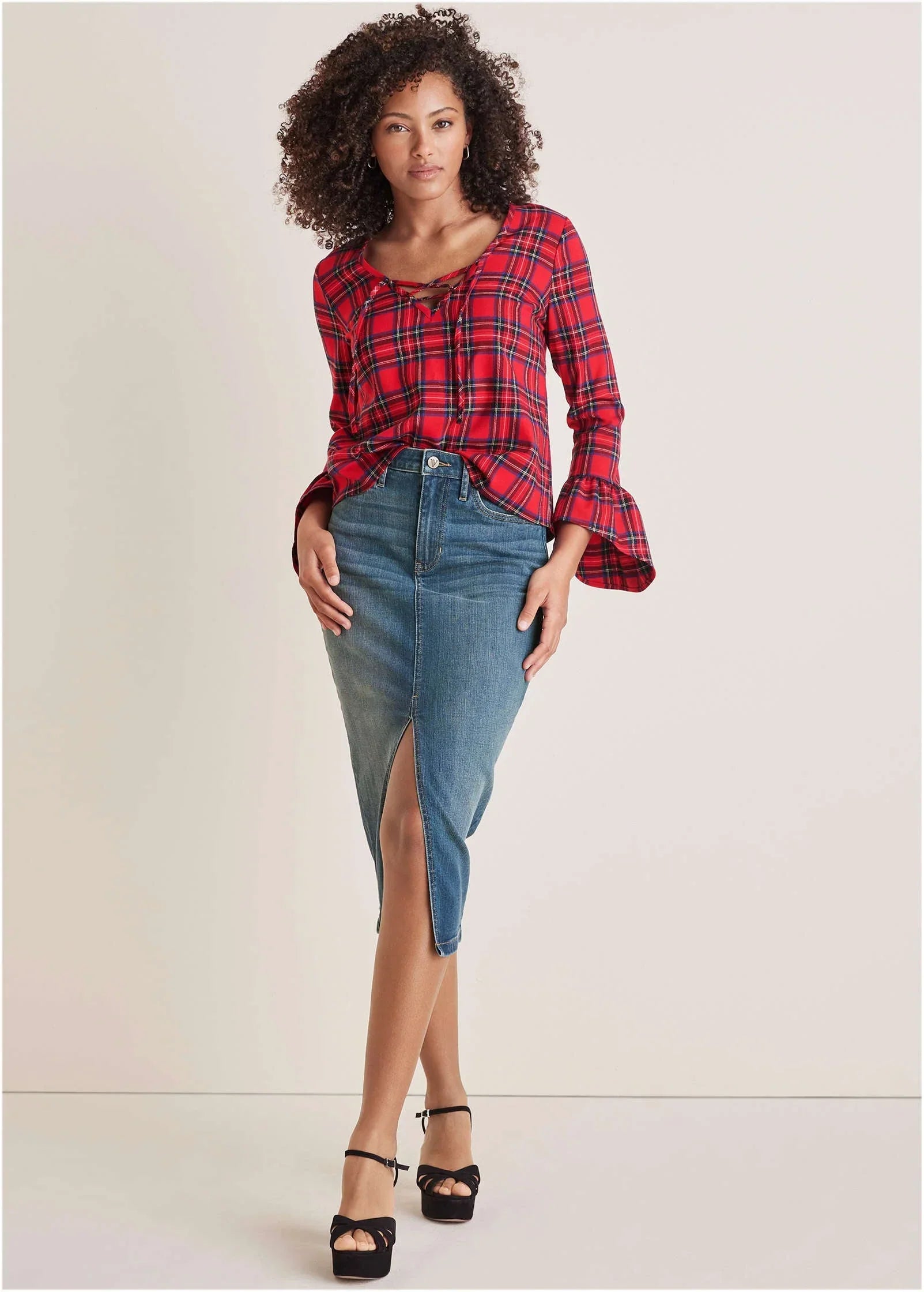 Plaid Ruffle Sleeve Top Racing Red Multi