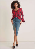 Plaid Ruffle Sleeve Top Racing Red Multi