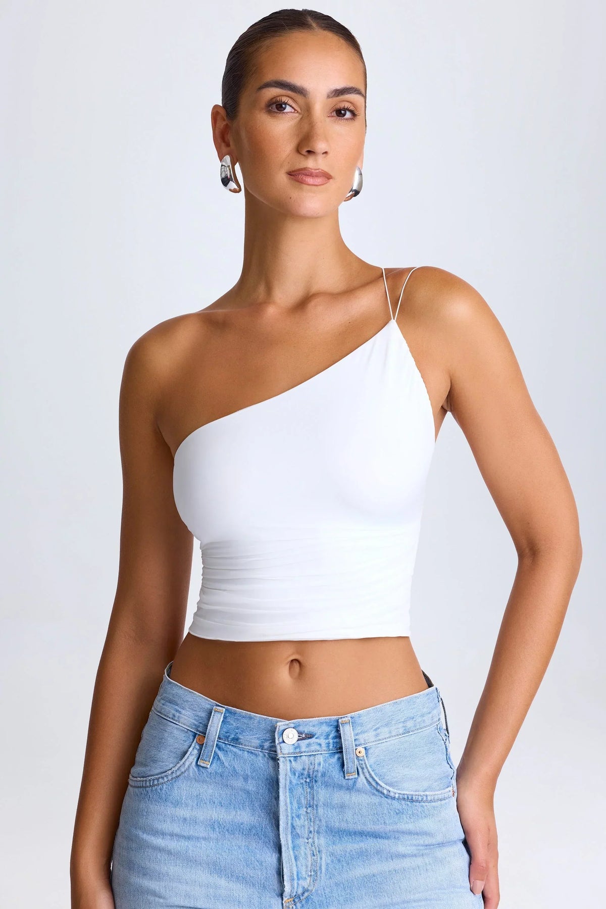 One Shoulder Lace Up Top in White