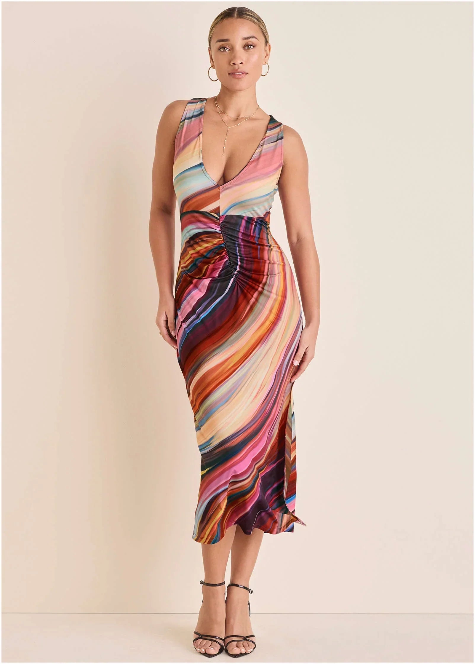 Plunging Maxi Dress Dark Rainbow