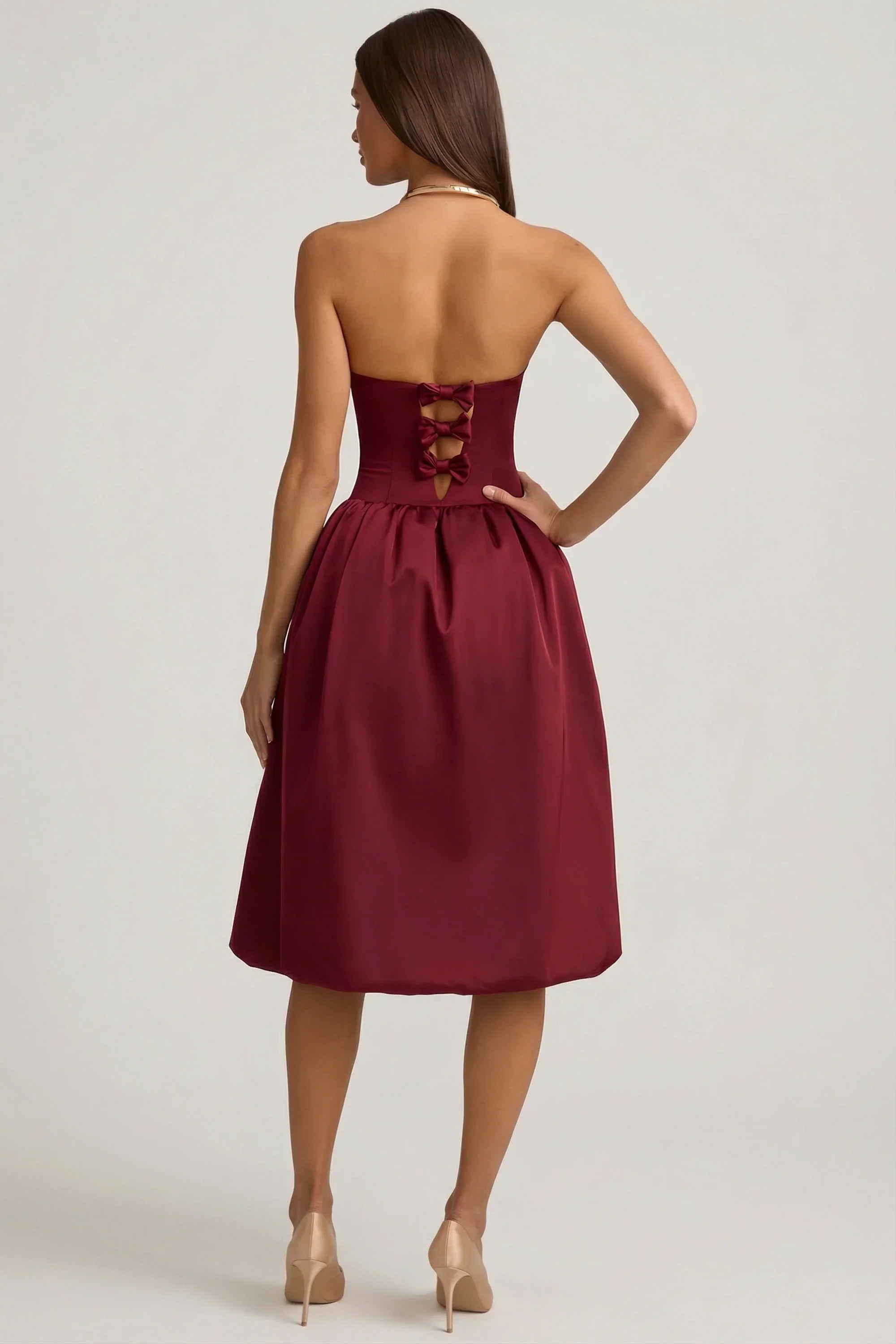 Convertible Bow Detail Bubble Hem Midaxi Dress in Wine Red