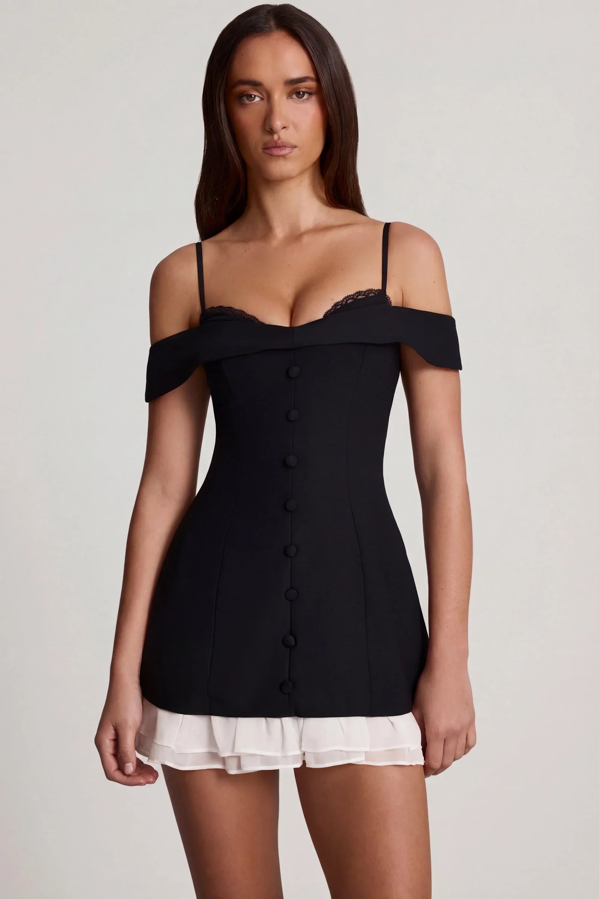 Off Shoulder Ruffle A Line Mini Dress in Black