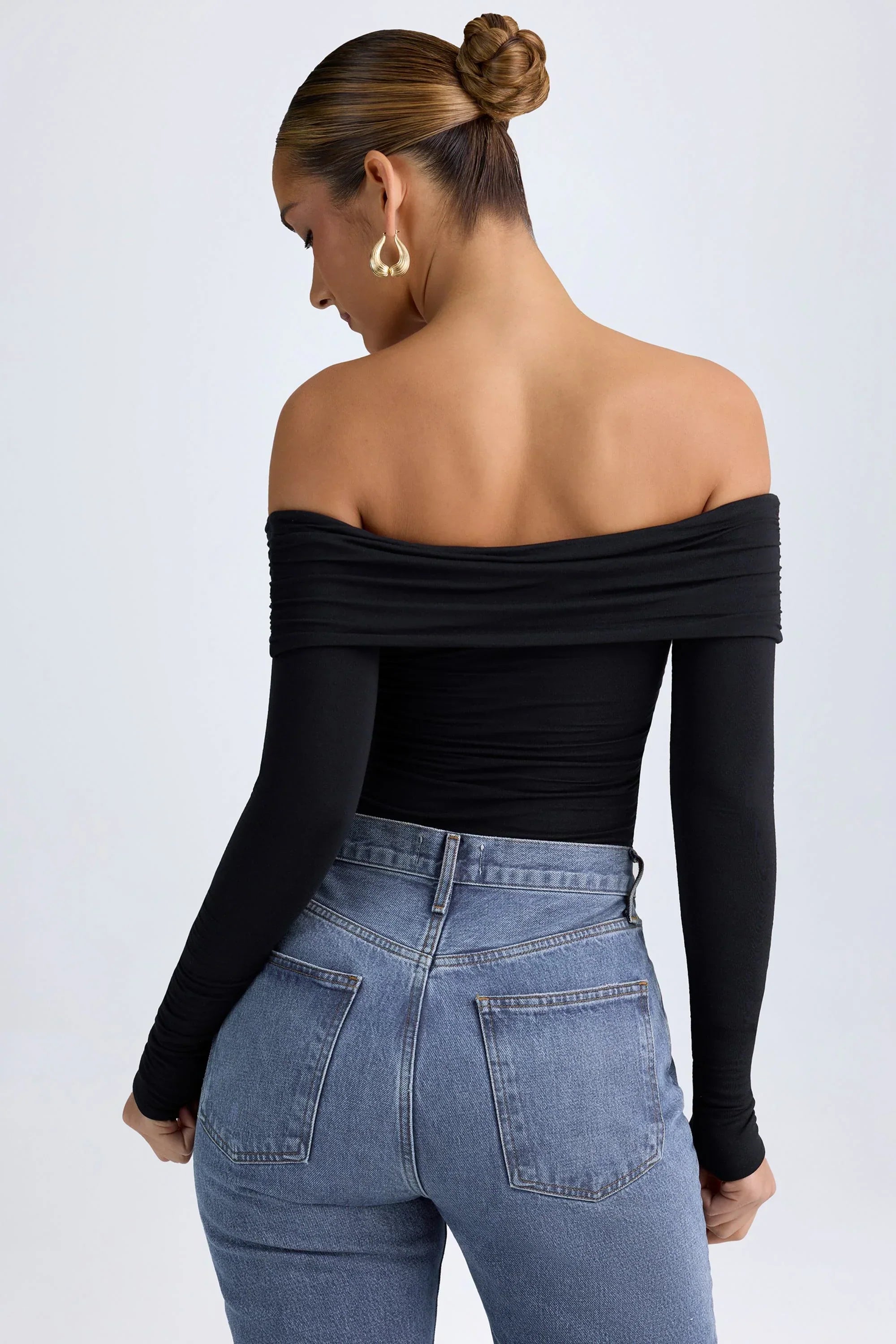 Modal Off Shoulder Ruched Bodysuit in Black