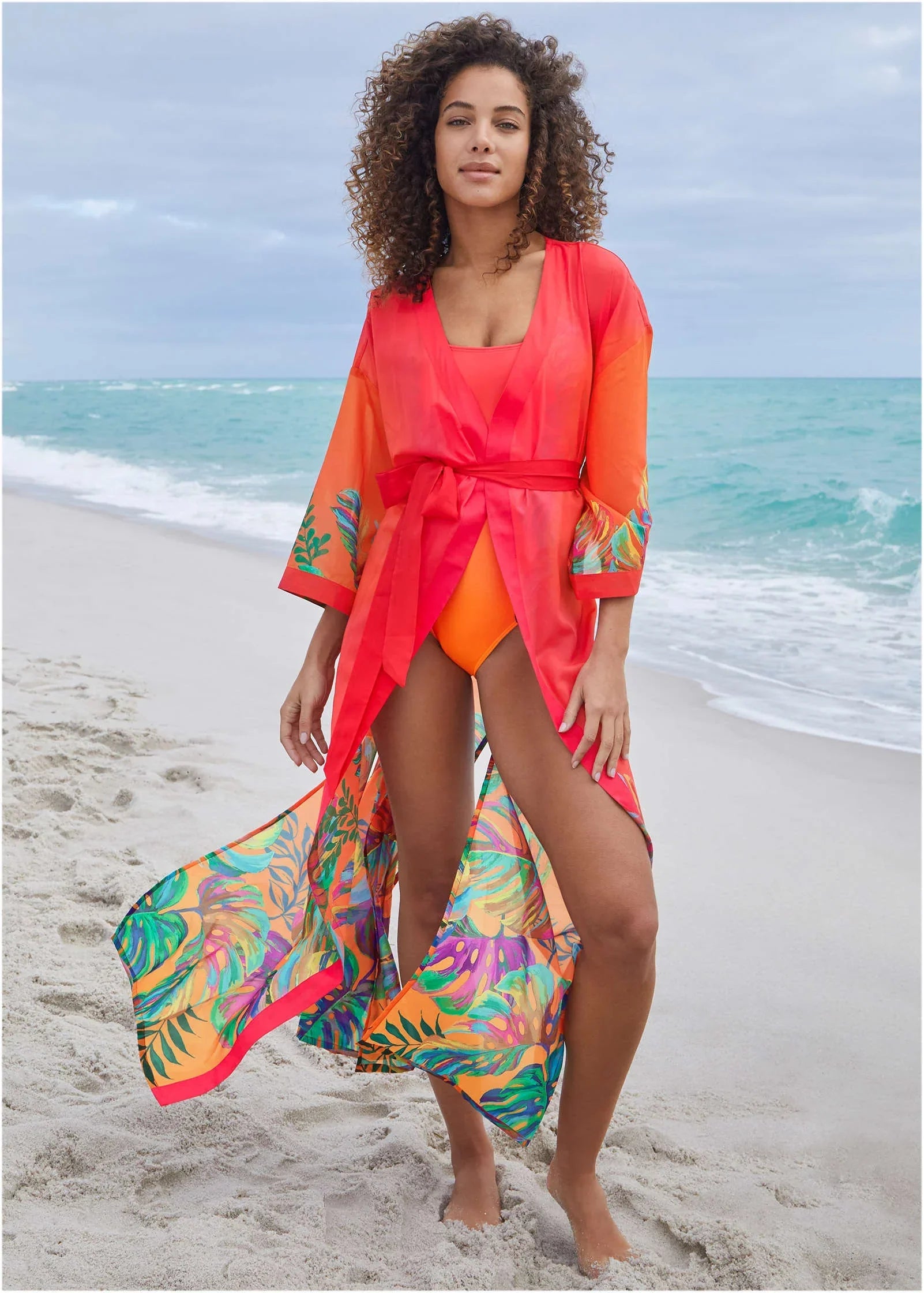 Belted Kimono Cover Up Tropical Sunset Border