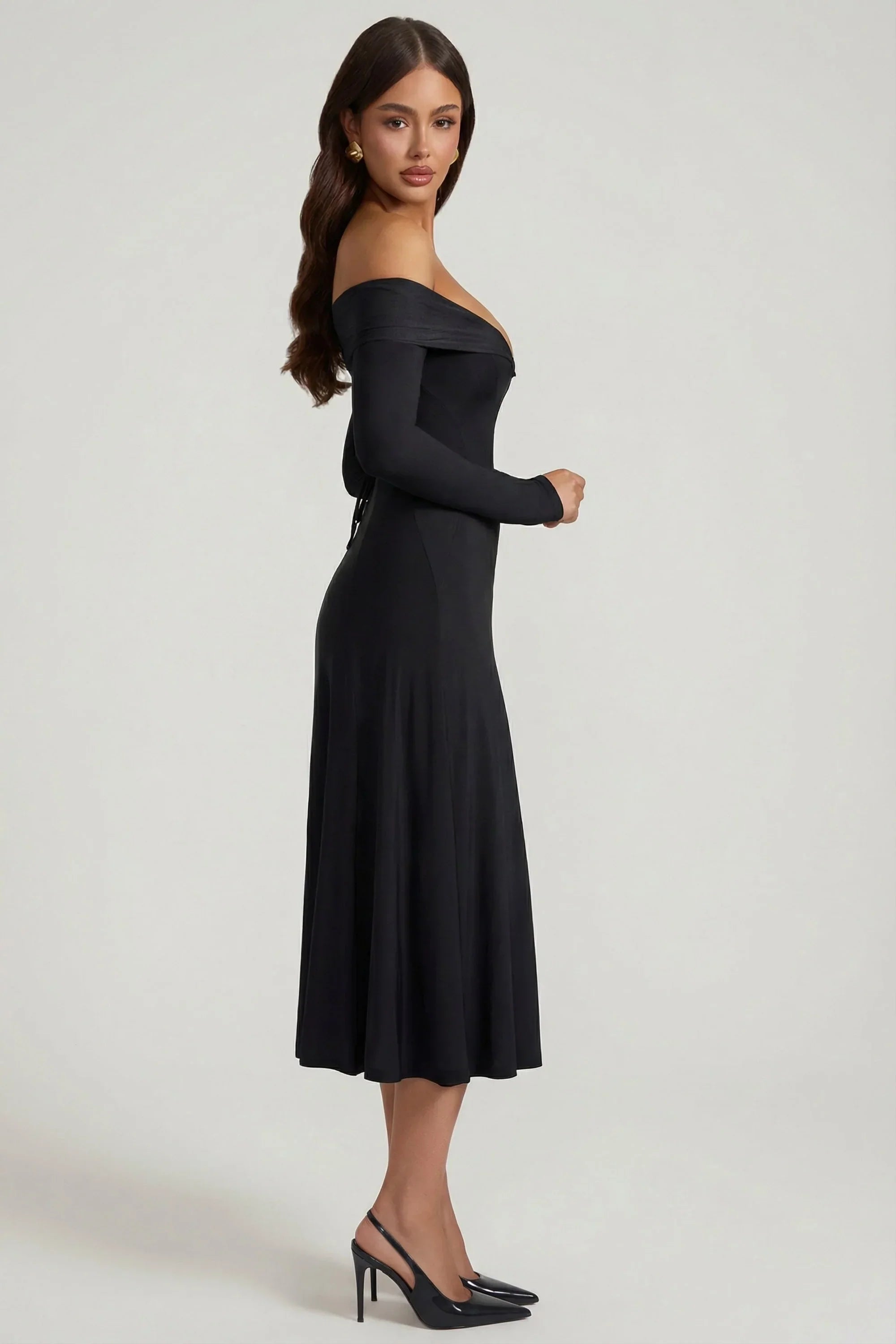 Off Shoulder Lace Up A Line Midaxi Dress in Black