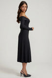 Off Shoulder Lace Up A Line Midaxi Dress in Black
