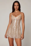 Embellished V neck Lace Mini Dress in Pale Peach