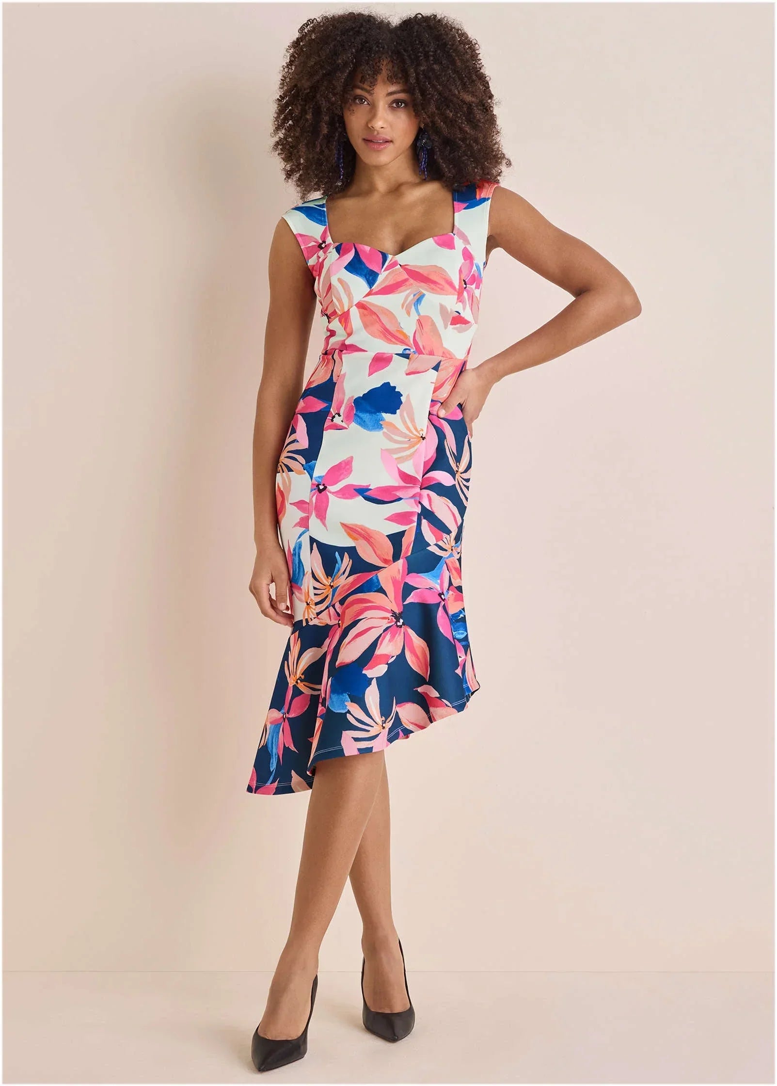 Ruffle Trim Scuba Dress Flower Wave