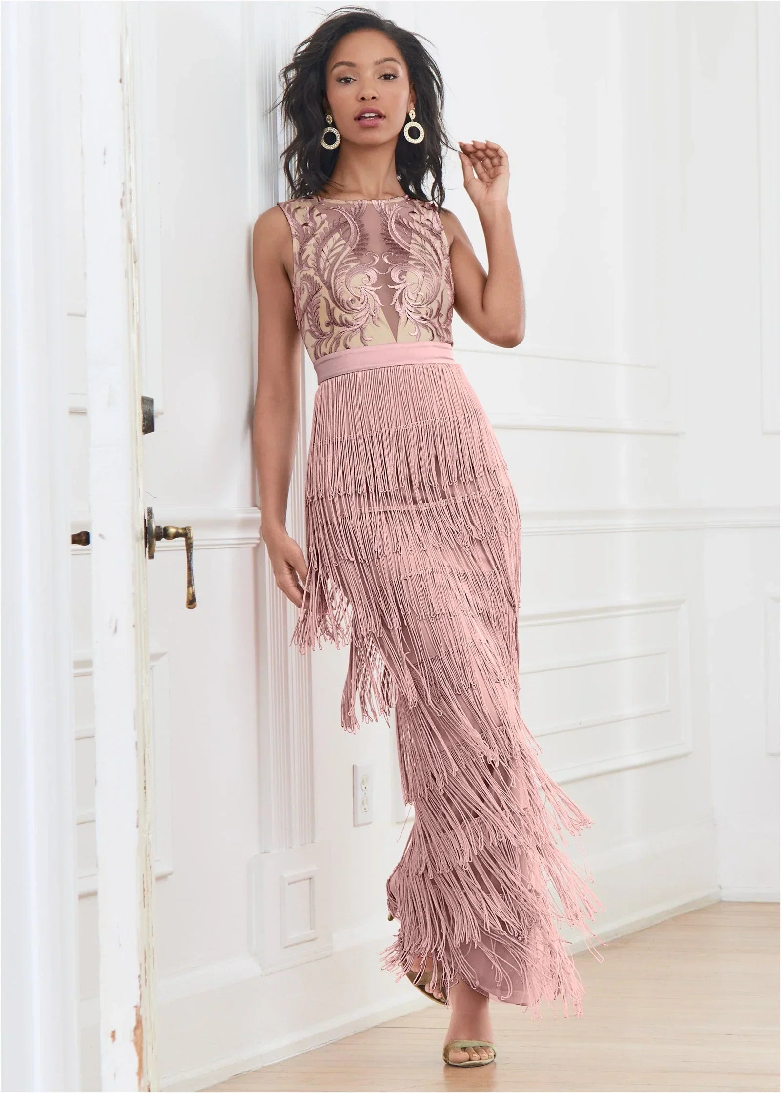 Embroidered Fringe Long Dress Tan