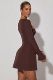 Square Neck Structured Tulip Mini Dress in Chocolate Brown