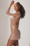 Embellished Semi Sheer Cut Out Mini Dress in Almond