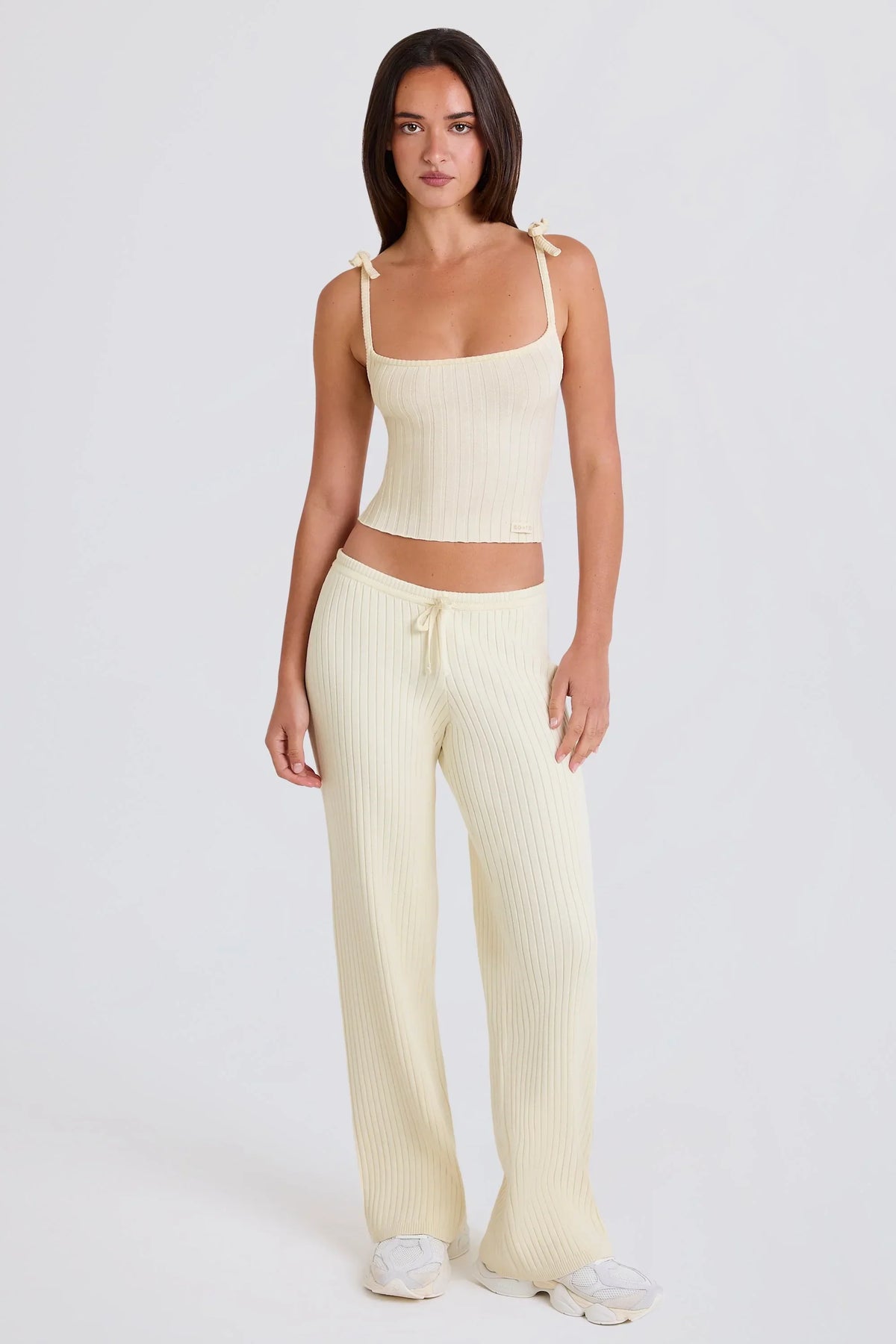 Ribbed Knit Wide Leg Joggers in Cream