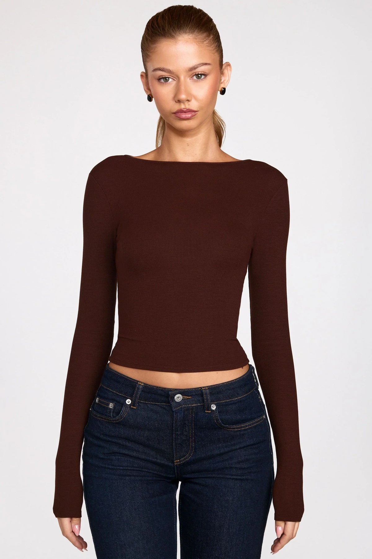 Ribbed Modal Ruched Long Sleeve Top in Chocolate Brown