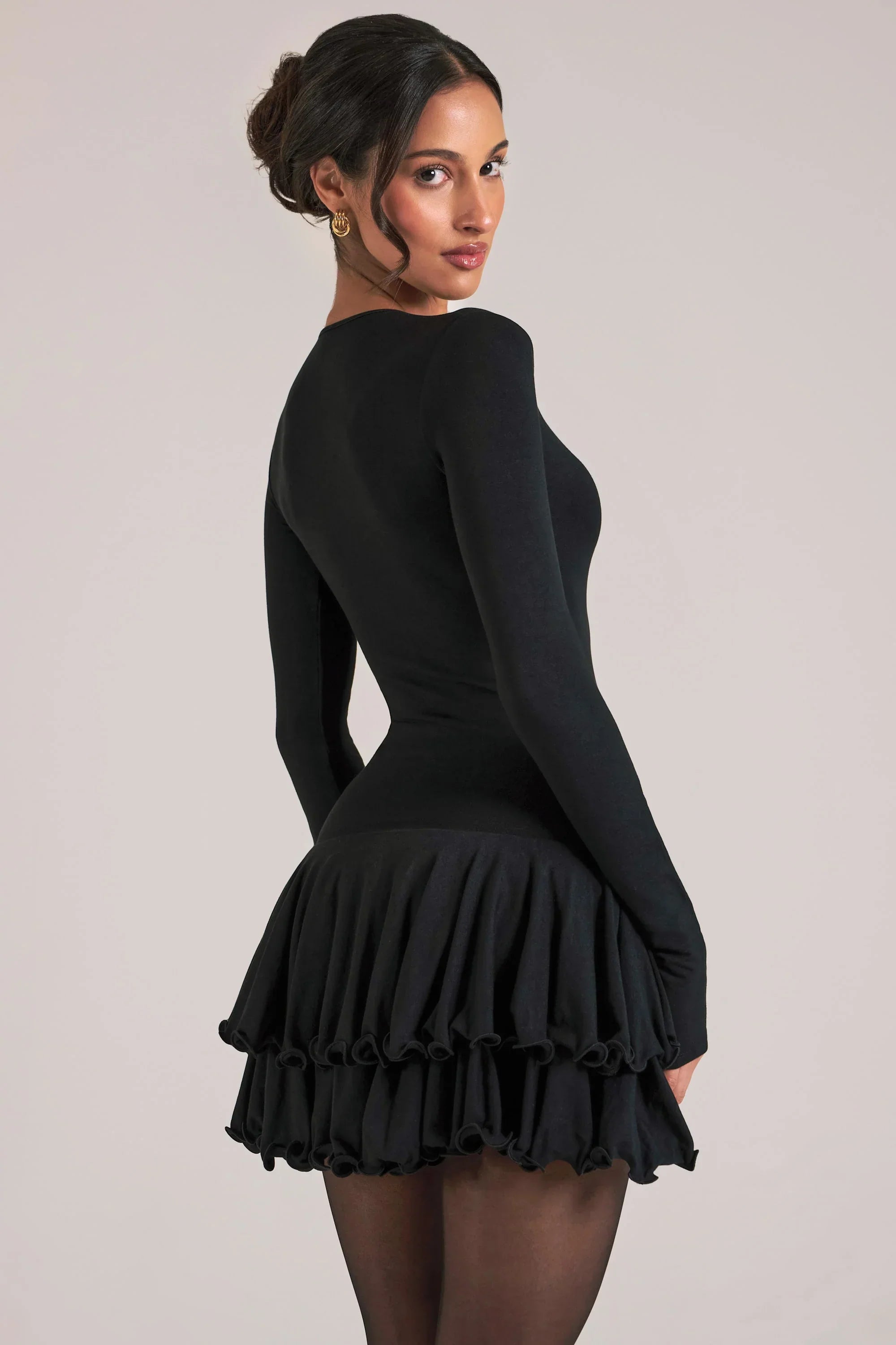 V Neck Ruffle Skirt Mini Dress in Black