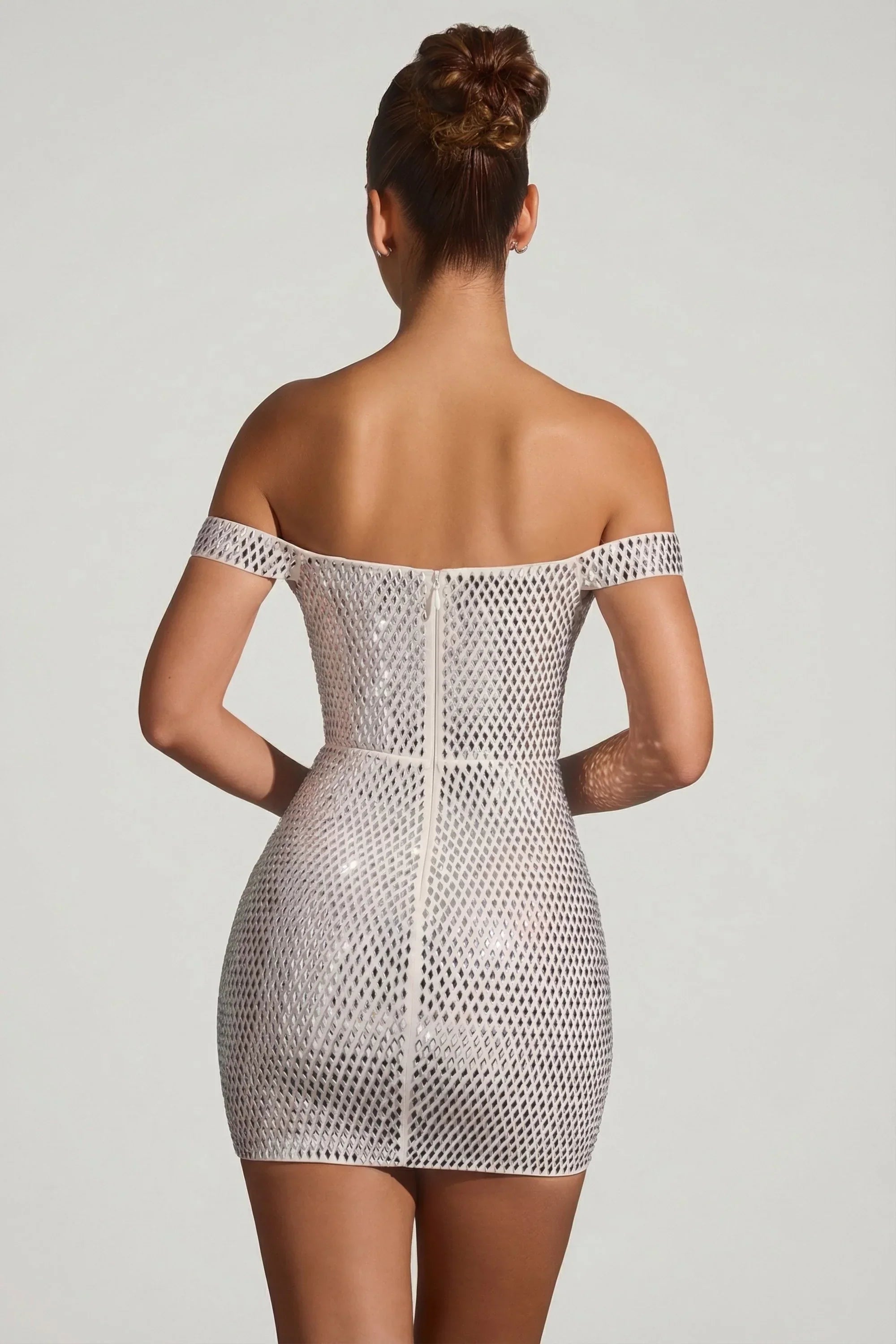 Embellished Off Shoulder Mini Dress in White