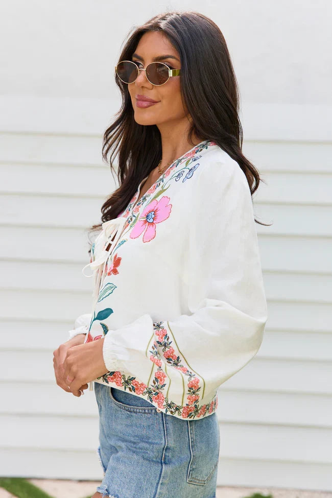 Maclyn White Floral Long Sleeve Tie Front Top