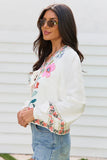 Maclyn White Floral Long Sleeve Tie Front Top