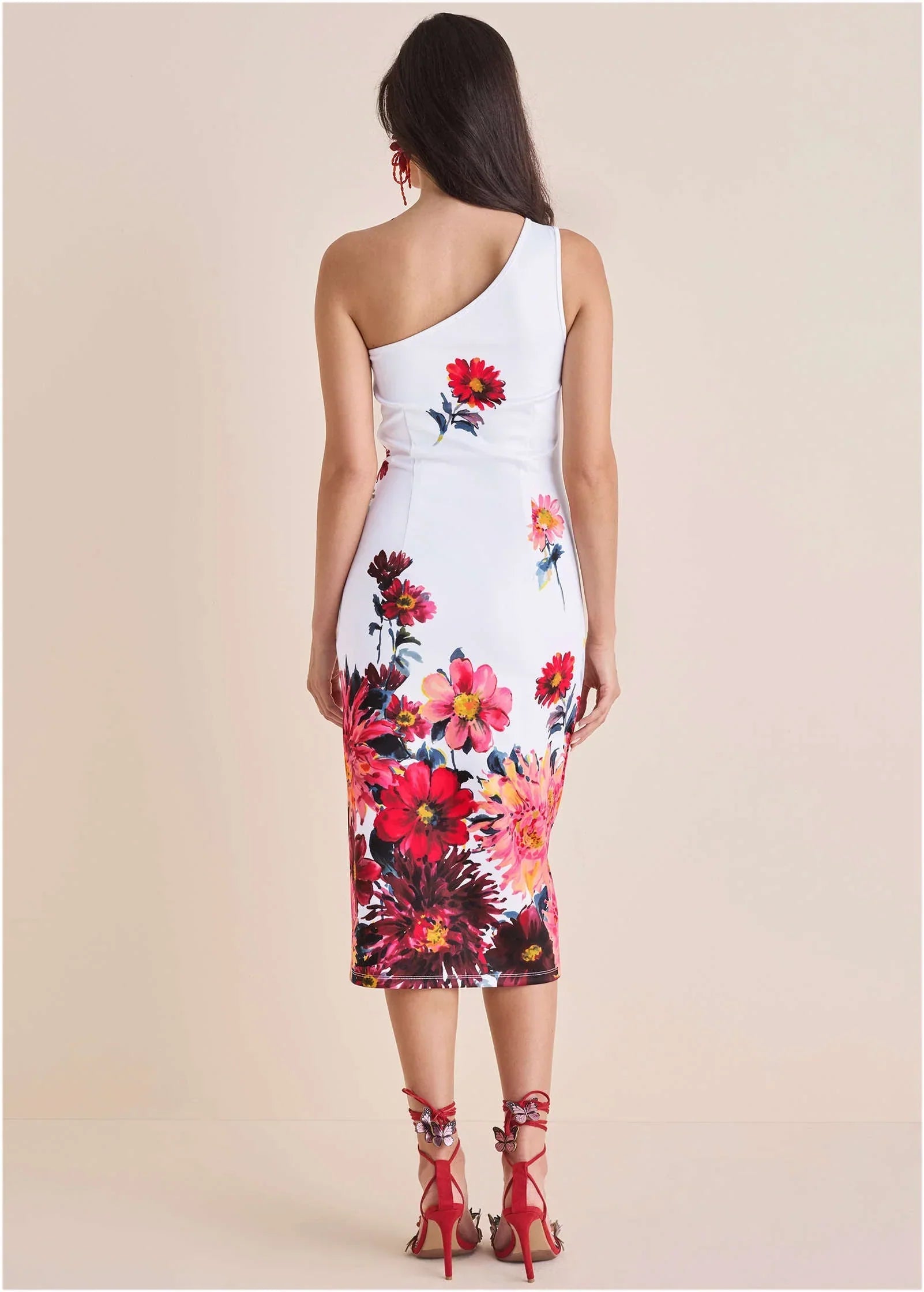 One Shoulder Scuba Dress Spring Dahlia Border