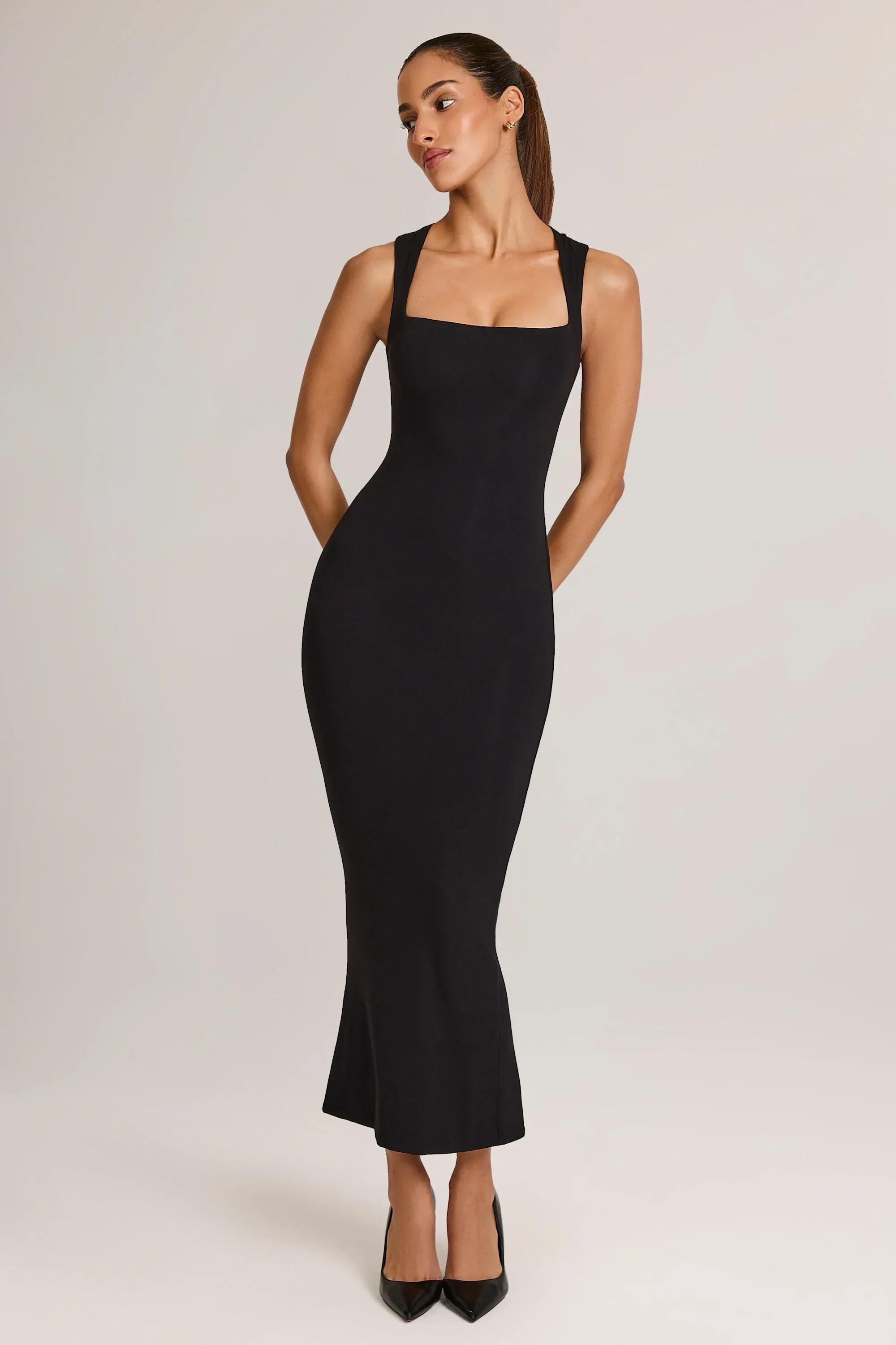 Modal Square Neck Bodycon Midi Dress in Black