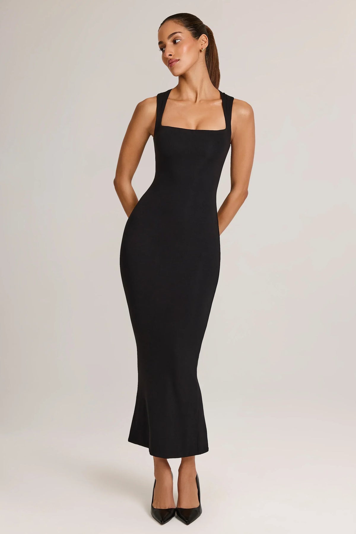 Modal Square Neck Bodycon Midi Dress in Black