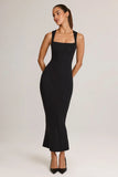 Modal Square Neck Bodycon Midi Dress in Black