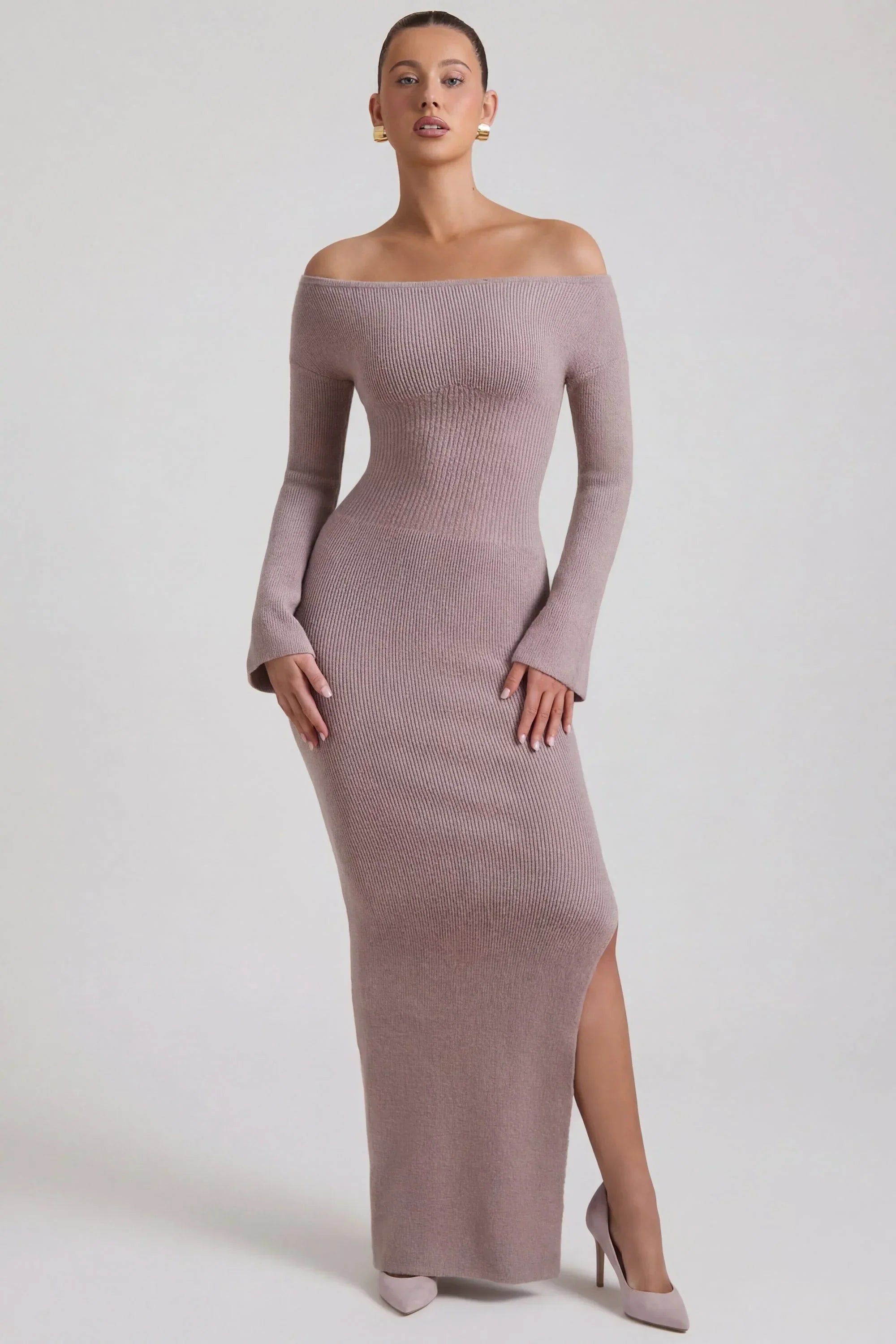 Ribbed Knit Off Shoulder Maxi Dress in Taupe