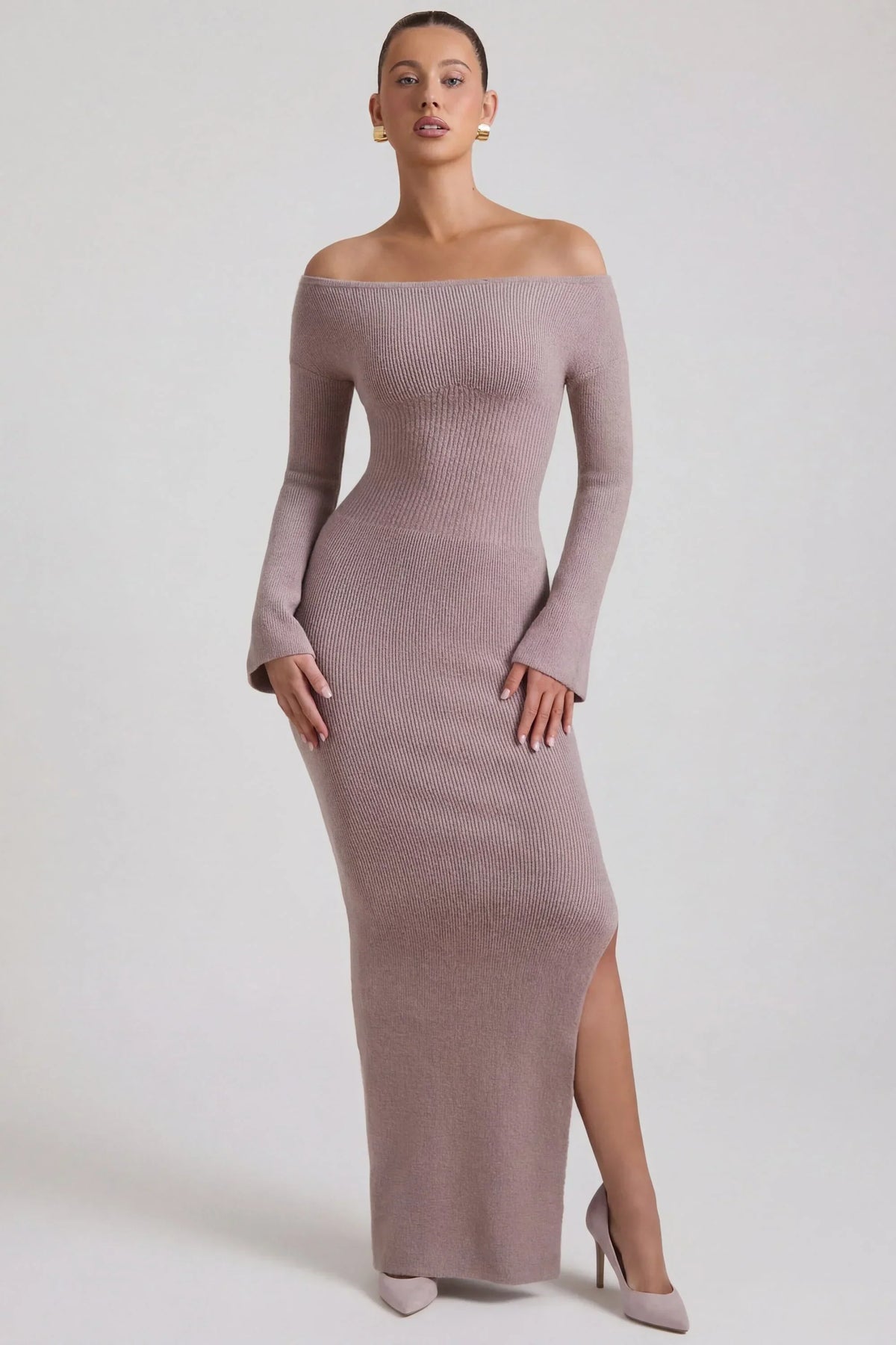 Ribbed Knit Off Shoulder Maxi Dress in Taupe