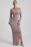 Ribbed Knit Off Shoulder Maxi Dress in Taupe