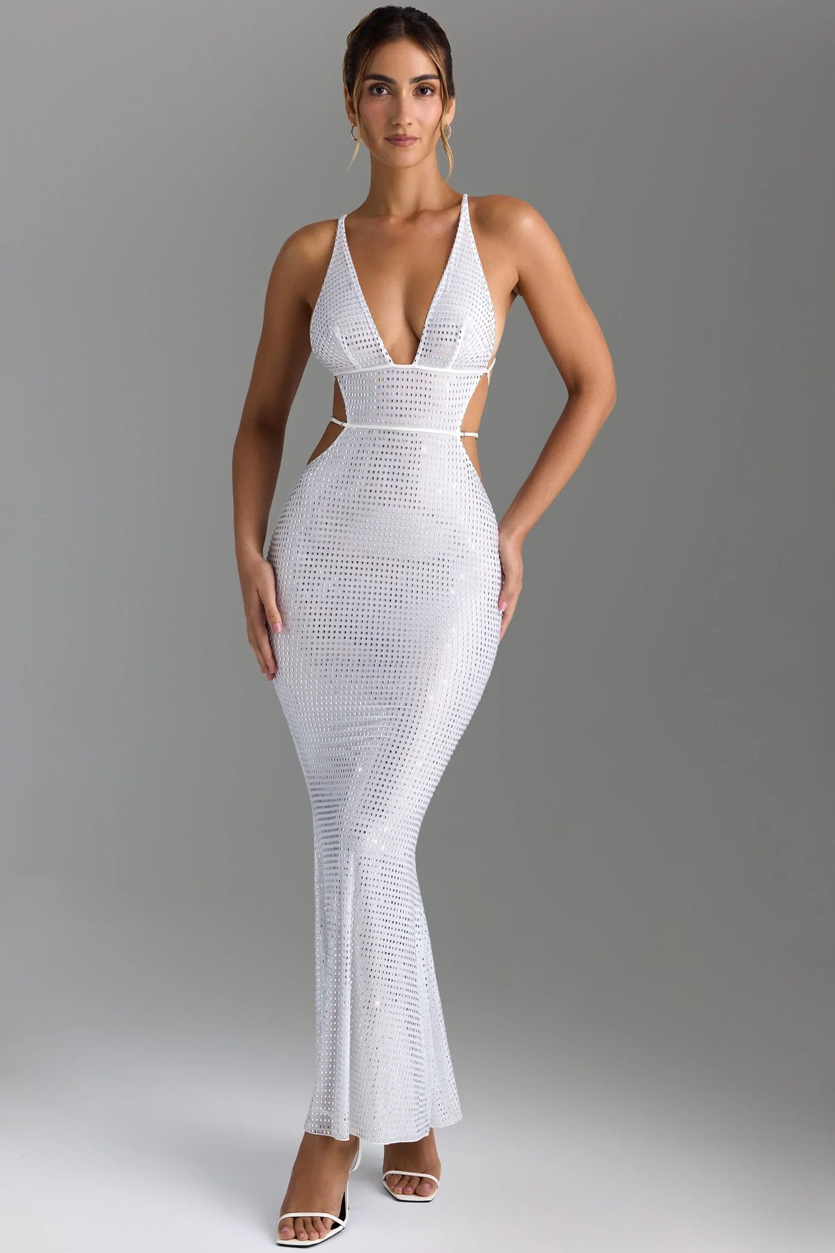 Embellished Cut Out Backless Maxi Dress in White