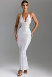 Embellished Cut Out Backless Maxi Dress in White