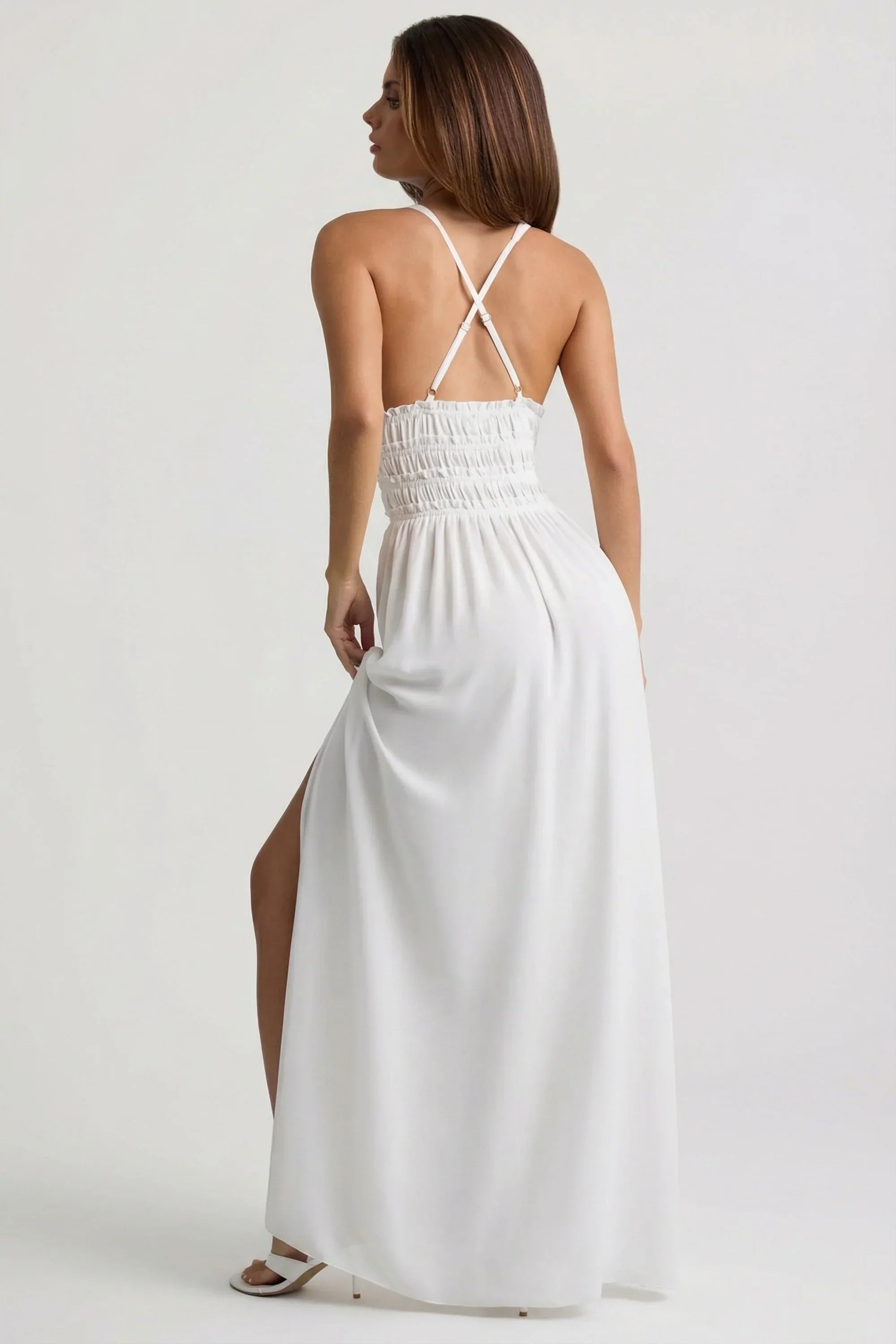 Plunge Cross Back Maxi Dress in White