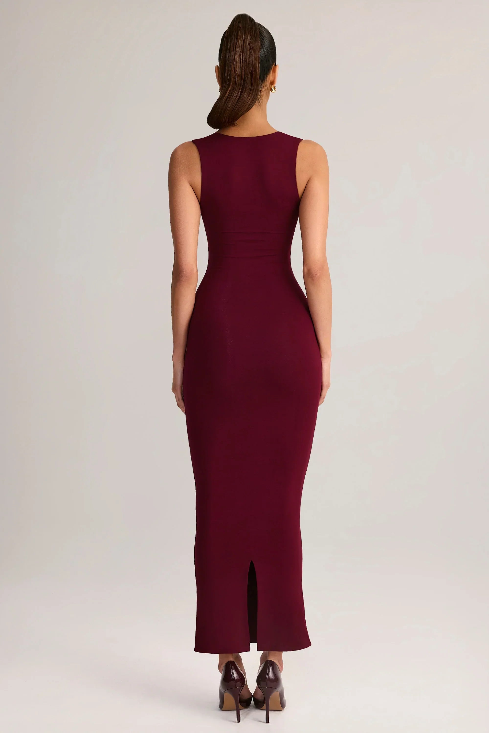 Modal Square Neck Bodycon Midi Dress in Wine