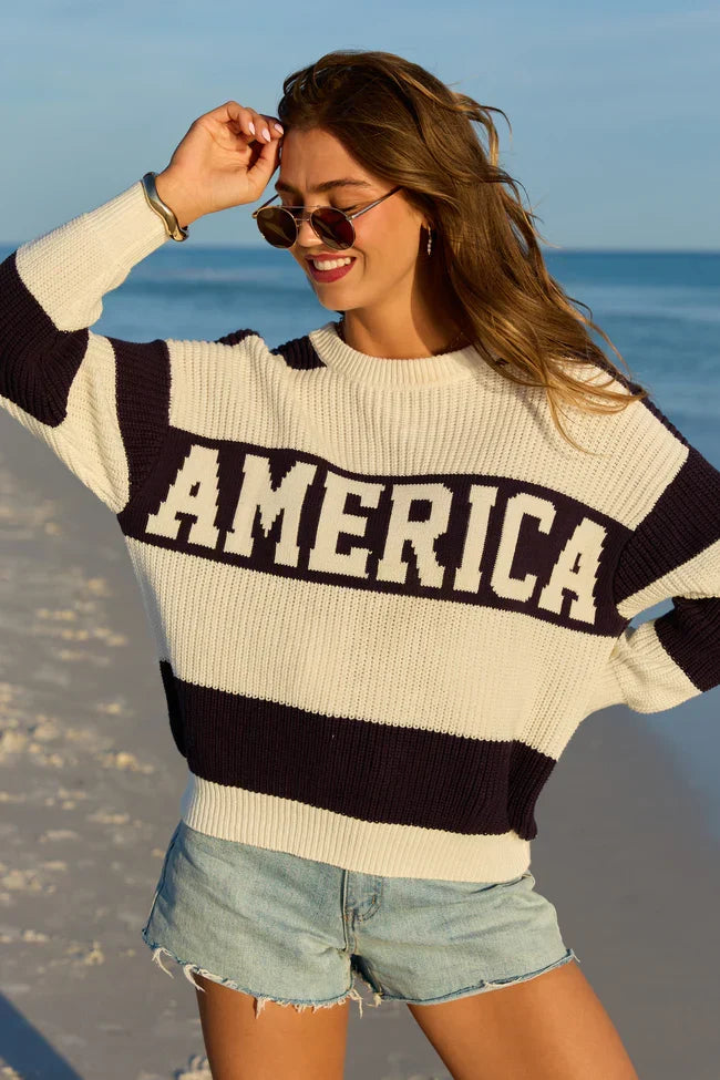 America Black And White Striped Sweater