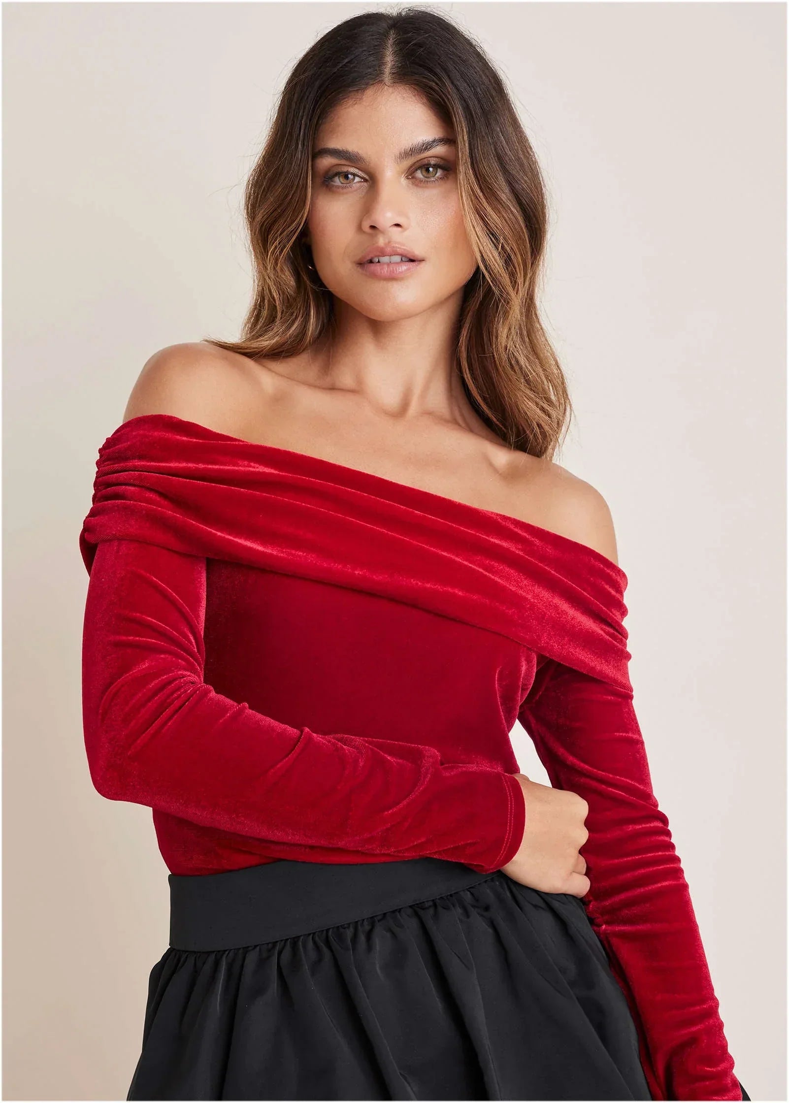 Off The Shoulder Velvet Top Haute Red
