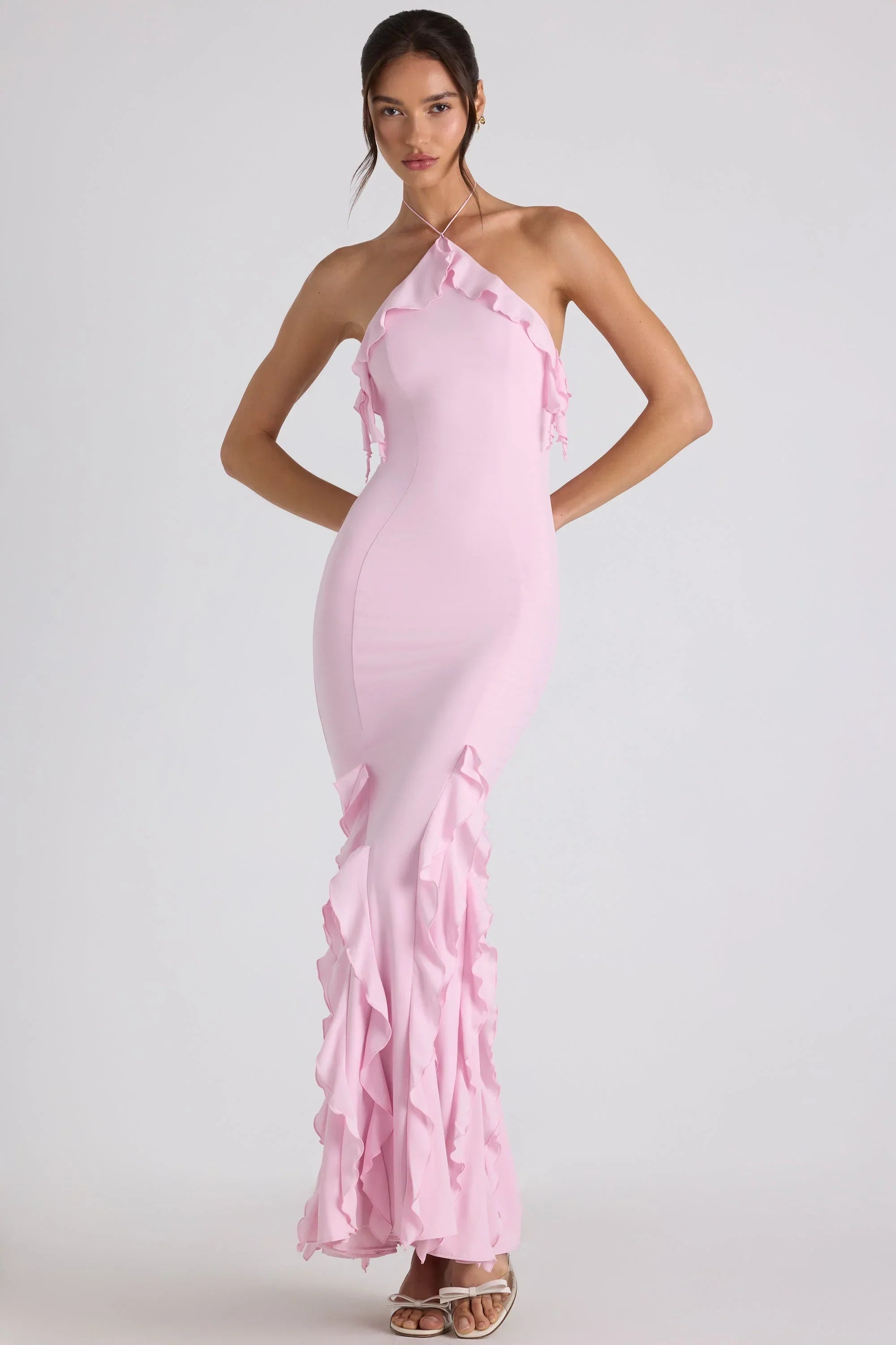 Ruffle Trim Halterneck Gown in Soft Pink