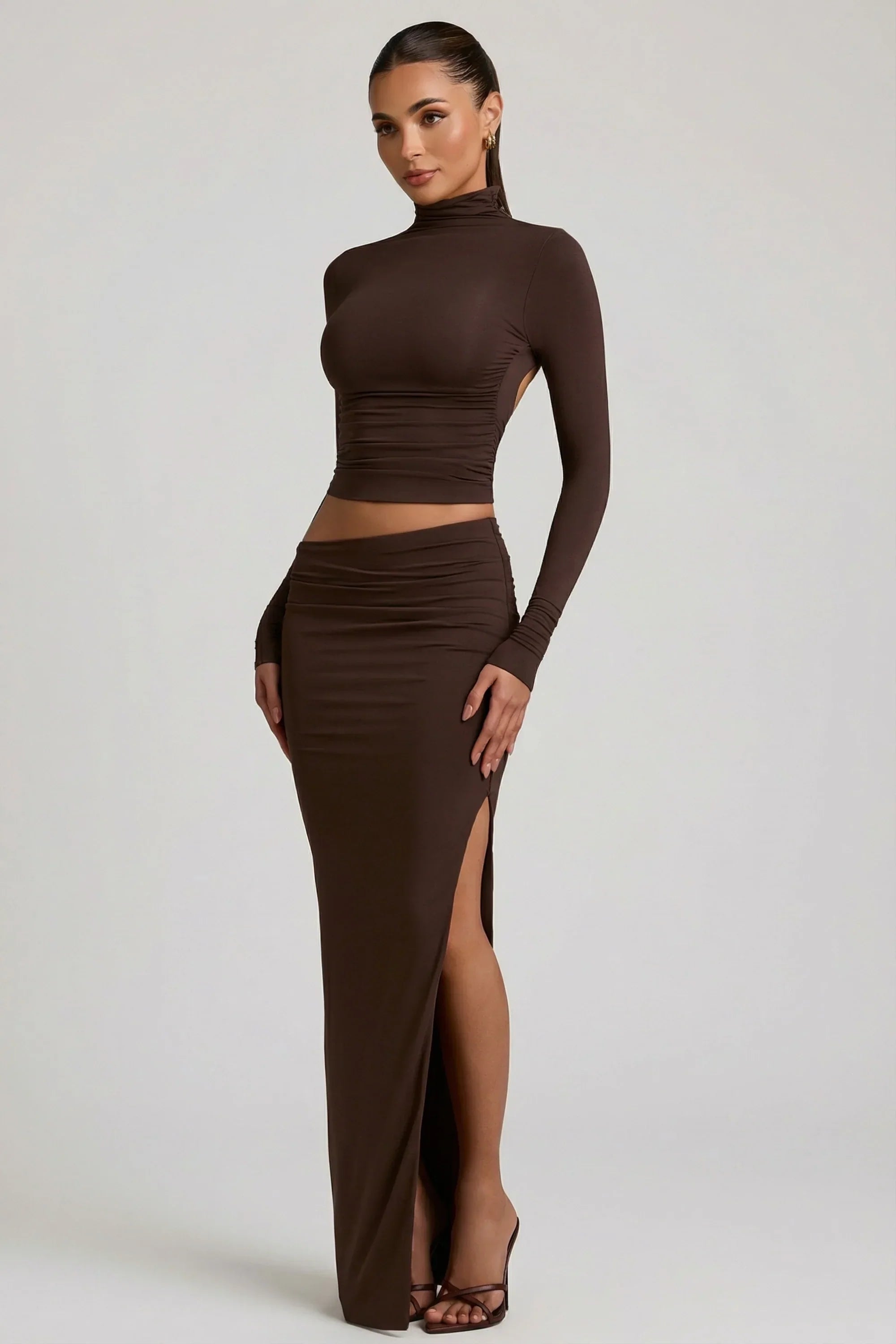 Modal Asymmetric Waist Maxi Skirt in Chocolate Brown