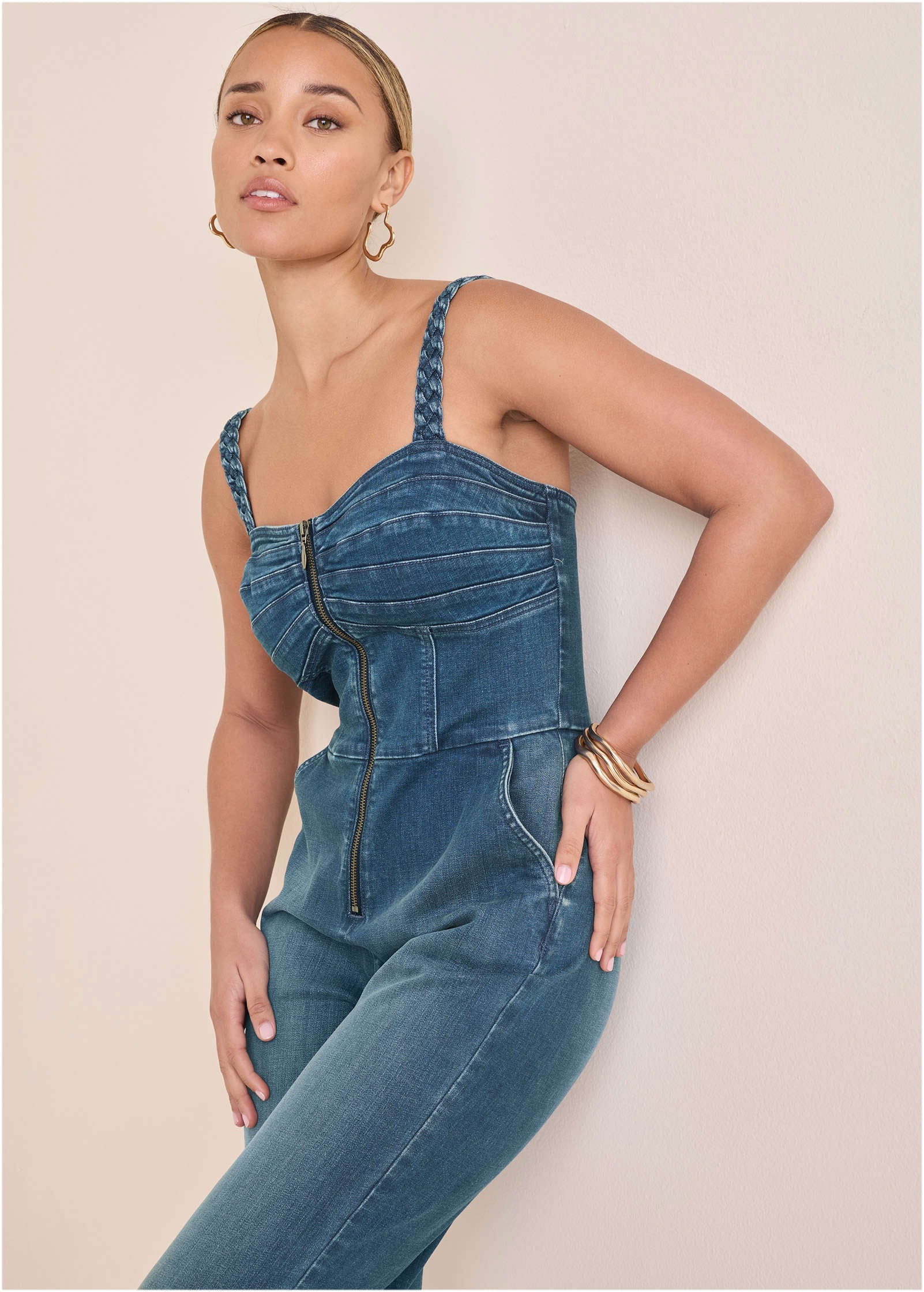 Braided Strap Denim Jumpsuit Medium Wash