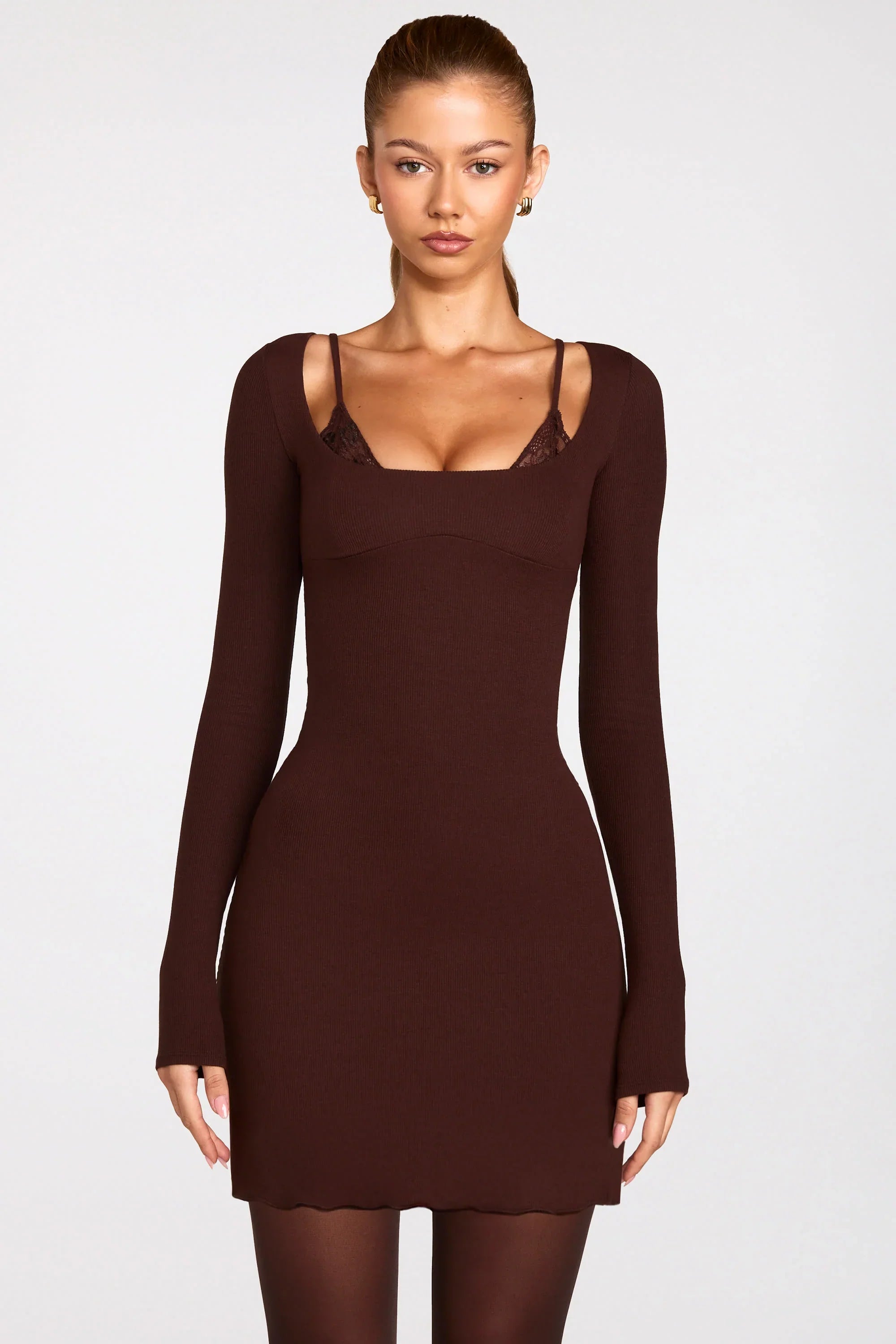Ribbed Modal Long Sleeve Laced Bra Mini Dress in Chocolate Brown