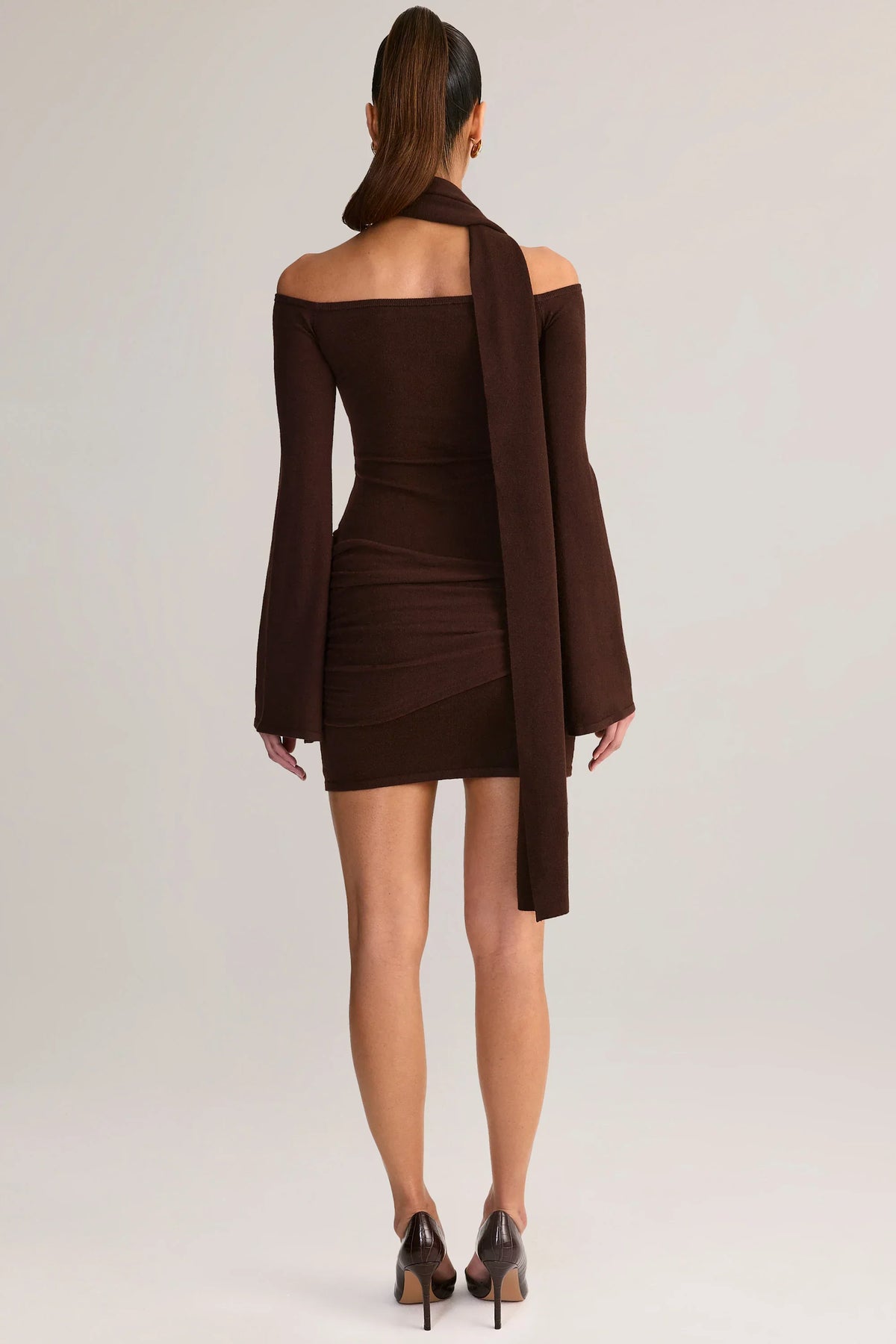 Knit Scarf Detail Off Shoulder Mini Dress in Chocolate Brown