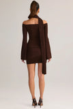 Knit Scarf Detail Off Shoulder Mini Dress in Chocolate Brown