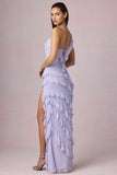 Asymmetric Ruffled Lace Up Gown in Lilac