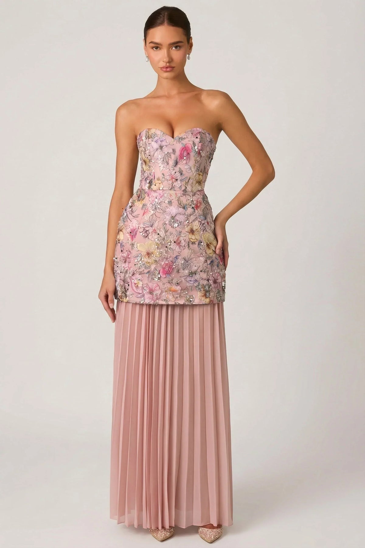 Embellished Convertible Lace Up Gown in Floral Pink