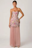 Embellished Convertible Lace Up Gown in Floral Pink