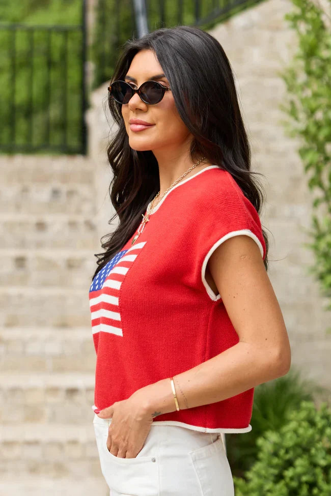 Red American Flag Sweater Top