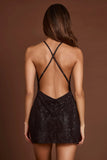 Embellished Halterneck Cowl A line Mini Dress in Black